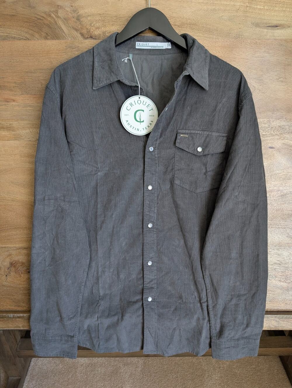 NWT Criquet Corduroy Western Shirt Mens Large Gray Long Sleeve Collar Pearl Snap